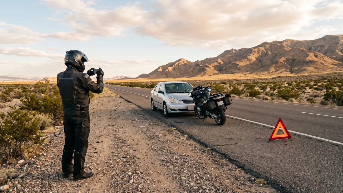Rider photographing a car and parked motorcycle from the shoulder of a desert highway