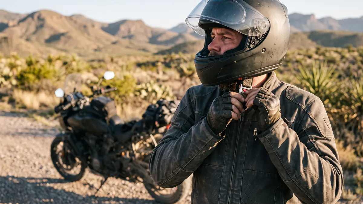Rider fastening the chin strap of a full-face helmet beside a parked motorcycle in desert light