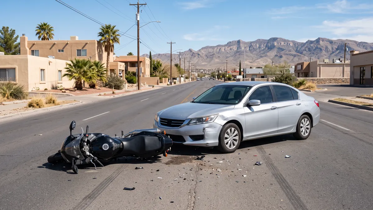 Motorcycle on its side in a sunlit El Paso intersection near a sedan with front bumper damage